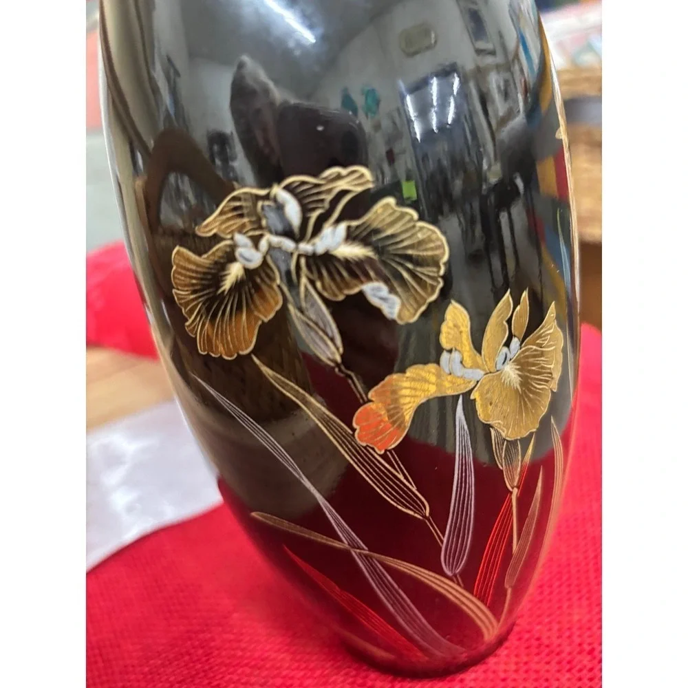 Golden Iris Japan Black Ceramic Bud Vase Gold Silver Floral Iris Vintage 8 Inch